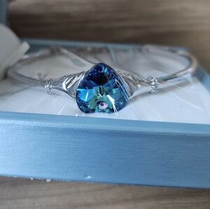 White Gold Plated Bangle Bracelet with Blue Crystal Heart & Rhinestones